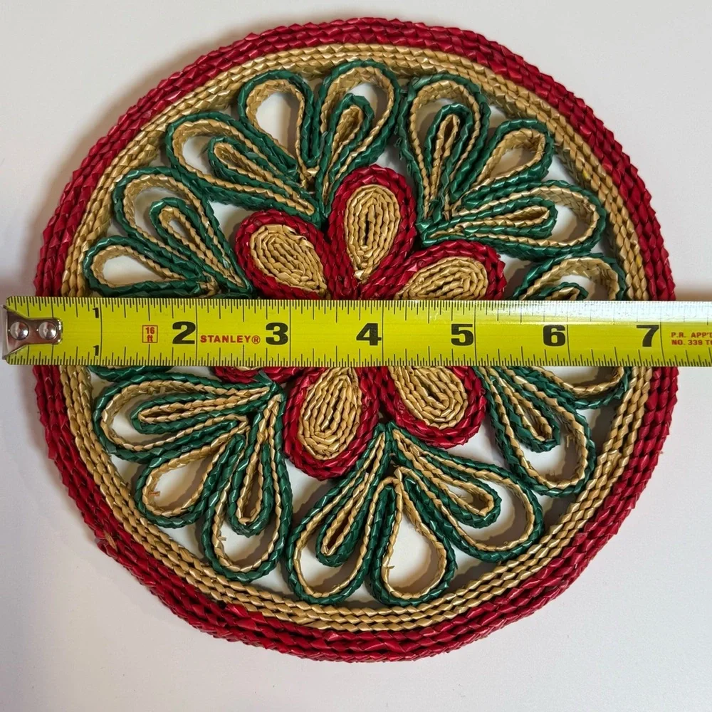 Red Green and Natural Colored Straw Trivets- Set of 3